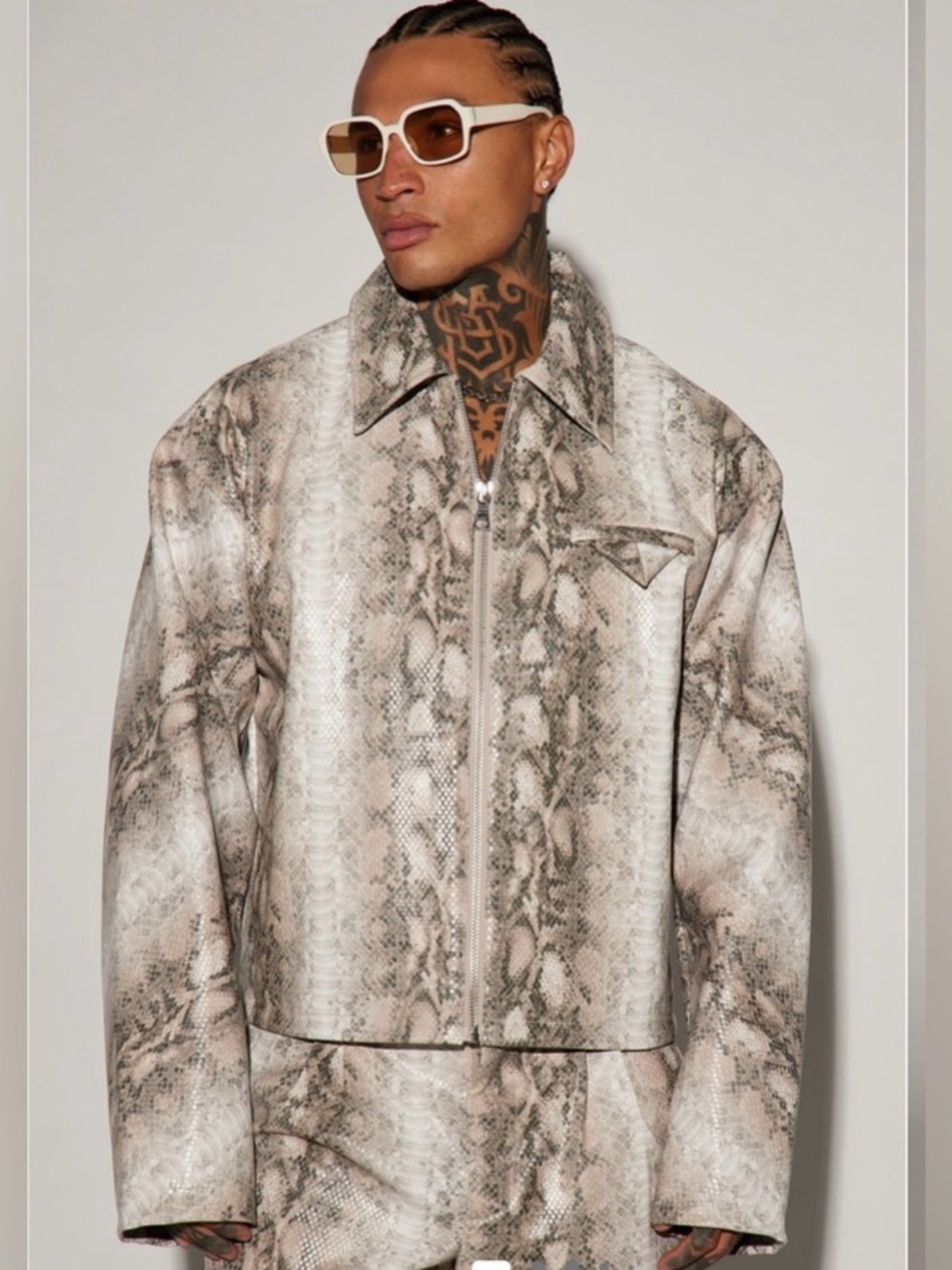 ASOS Snake-Print Zip Shirt Jacket in Beige and Gray